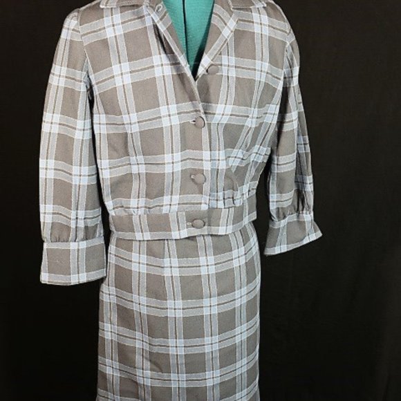 Vintage- hand made wool 2 pc plaid jacket skirt set - Picture 1 of 7